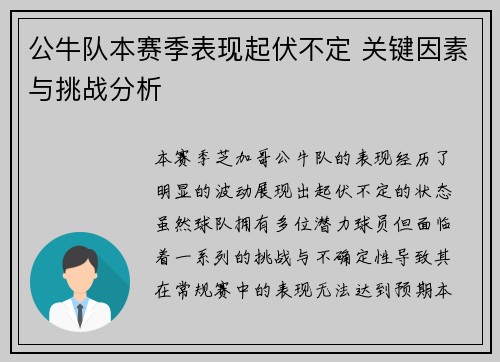 公牛队本赛季表现起伏不定 关键因素与挑战分析